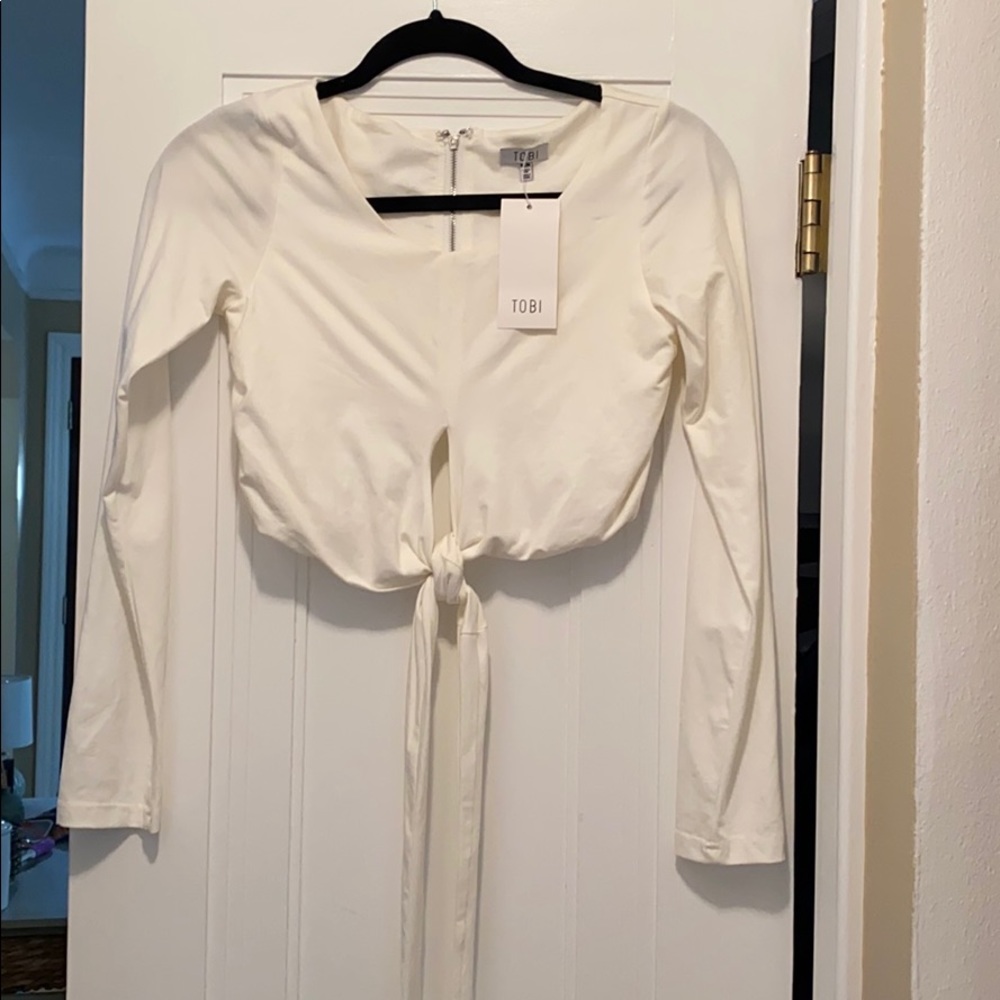 Cropped tie front long sleeve top